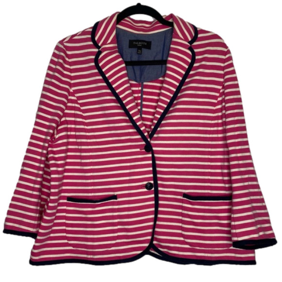 𝅺TALBOTS Jacket, Pink & White Nautical Striped Blazer XLP extra large petite - Picture 1 of 6